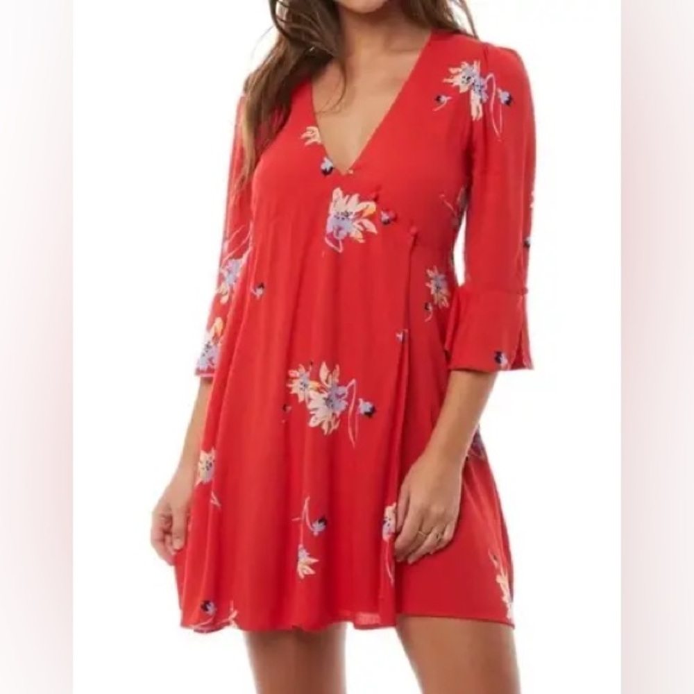 Free People Time On My Side Red Floral Wrap Mini Dress, size M - Picture 2 of 14